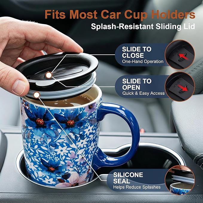 Topadorn 17oz Ceramic Travel Mug with Lid, Blue Floral Coffee Mug with Handle, Large Ceramic Travel Cup, Microwave & Dishwasher Safe, Gift Box Included