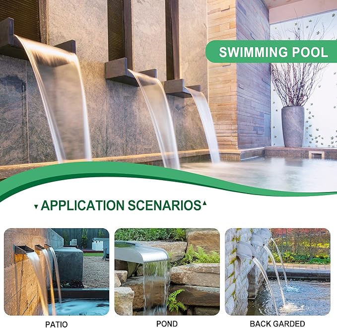 Pool Fountain Waterfall Spillway with Wider Water Flow Platform, Stainless Steel Waterfall with Pipe Connector Kits, Water Feature Spillway for Garden Decor, Patio, Ponds, 11.8"x11.8"x3.9