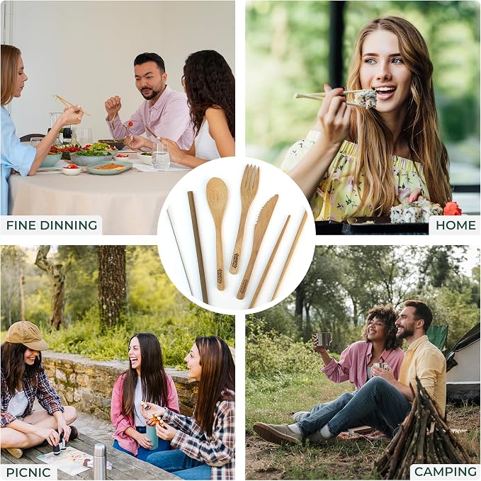Travel Utensils with Case Set Fork, Knife, Spoon, Chopsticks, Straw, Straw-cleaning brush, Travel Pouch and Carabiner, Excellent For Everyday Use! ((1Set) Midnight Black)