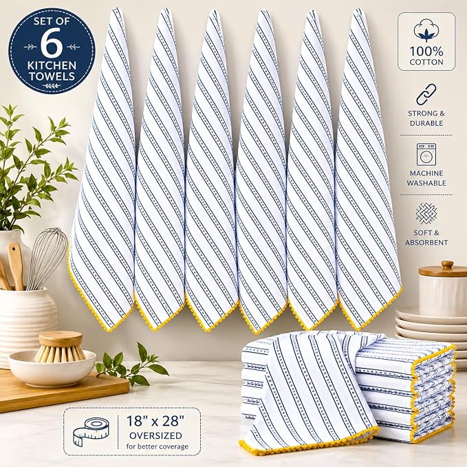 Printed Kitchen Dish Bar and Tea Towels Cotton, 18x28 inch with Trims, Cotton Dish Towel Sets (Blue Stripes, Set of 6)