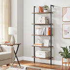 VASAGLE Industrial Ladder Shelf, 5-Tier Bookshelf, Wood Wall Mounted Shelf, Storage Rack Display Shelves for Living Room, Home Office, 23.6 x 11.8 x 67.7 Inches, Rustic Brown and Black ULLS102B01