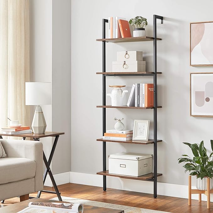 VASAGLE Industrial Ladder Shelf, 5-Tier Bookshelf, Wood Wall Mounted Shelf, Storage Rack Display Shelves for Living Room, Home Office, 23.6 x 11.8 x 67.7 Inches, Rustic Brown and Black ULLS102B01