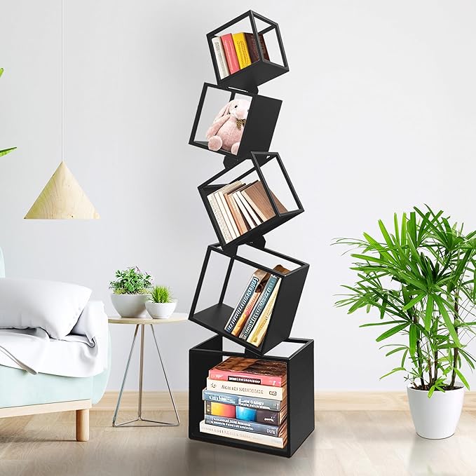 Unique Bookshelf, Book Shelves for Living Room, Geometric Bookcase, Modern Bookcase, Cool Bookshelf, Black Bookshelf, 67" Tall, Metal