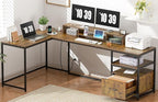 L Shaped Desk - 87" L Shaped Gaming Desk with Power Outlet & Monitor Shelf, Home Office Corner Computer Desk with Printer Shelf & File Drawer, Rustic Brown