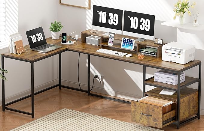 L Shaped Desk - 87" L Shaped Gaming Desk with Power Outlet & Monitor Shelf, Home Office Corner Computer Desk with Printer Shelf & File Drawer, Rustic Brown