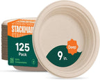 100% Compostable Deep Dish Plates - 9 Inch [125-Pack] Heavy Duty Brown | Eco-Friendly Biodegradable Sugarcane Bagasse Dinner Plates, PFAS-Free & BPI Certified Unbleached Party Supplies, Stack Man