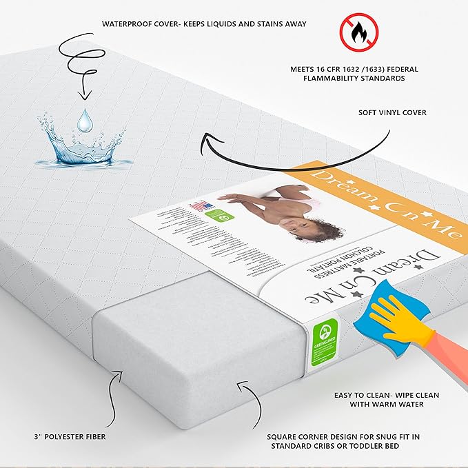 Aden 4-in-1 Convertible Mini Crib in Grey, Greenguard Gold Certified & Sunset 3” Extra Firm Fiber Crib Mattress, Greenguard Gold Certified, Waterproof Vinyl Cover, Baby Mattresses