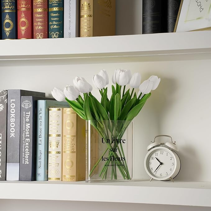 20pcs White Artificial Tulip Fake Flower 12.9 Inch Spring Mother's Day Easter Gift for Home Kitchen Wedding Decoration