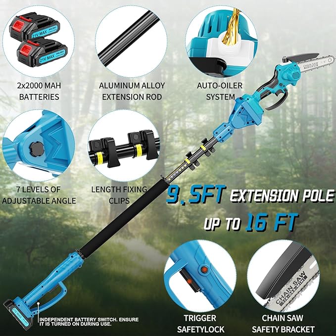 2-in-1 Cordless Pole Saw＆6 Inch Mini Chainsaw,16 FT Max Reach Pole Saw Battery Powered,Adjustable 180° Cutting Angle with 2 Battery,Pole Saws for Tree Trimming