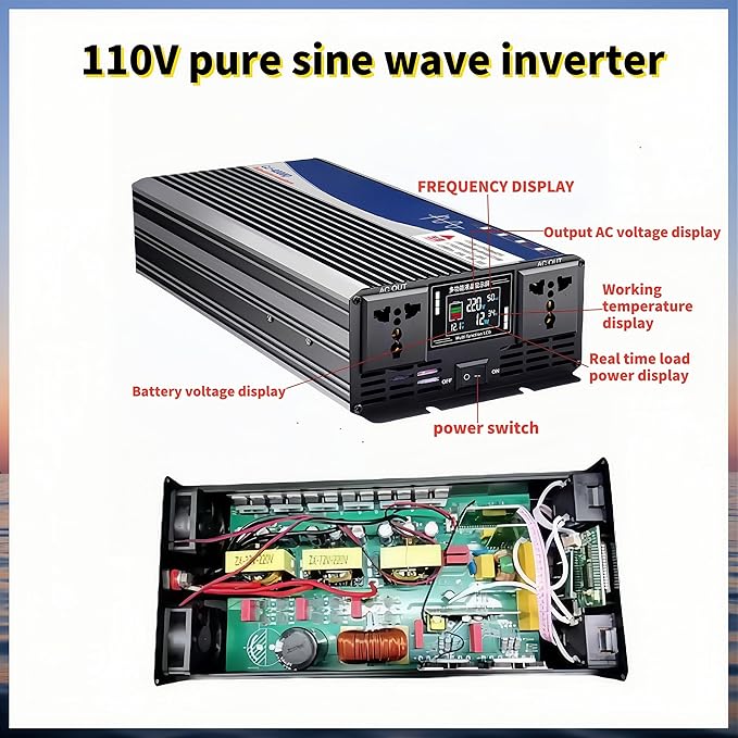 5000W Power Inverter 12V DC to 110V AC Converter with LED Display Dual AC Outlets Dual Fans Radiating for RV, Camp, Boat and Home Emergency Portable Pure Sine Wave Inverter (Smart Screen, 5000W 12V)