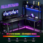 L-Shaped Gaming Desk with Hutch, Monitor Stands, Storage Shelves, LED Lights & Power Outlets - 94.5 inch Reversible Black Corner Computer Desk for Home Office