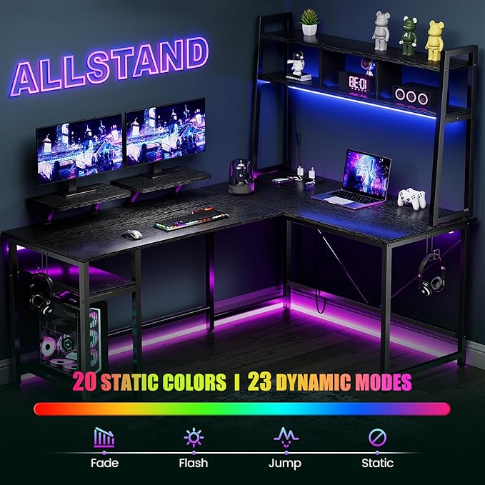 L-Shaped Gaming Desk with Hutch, Monitor Stands, Storage Shelves, LED Lights & Power Outlets - 94.5 inch Reversible Black Corner Computer Desk for Home Office