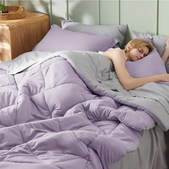 Bedsure Light Purple Queen Comforter Set - 7 Pieces Reversible Queen Bed in a Bag, Queen Bed Set Light Purple and Grey with Comforters, Sheets, Pillowcases & Shams