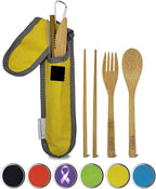 Travel Utensils with Case Set Fork, Knife, Spoon, Chopsticks, Straw, Straw-cleaning brush, Travel Pouch and Carabiner, Excellent For Everyday Use! ((1Set) Sunrise Yellow)