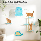 5 Pcs Wall-Mounted Climber Set, Wood Indoor with Shelves and Perches, Ladder, Condo House, Scratching Board and Tree, Wall Shelves Furniture for Cats (Ocean Blue)