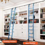 DIYHD 120" Rolling Library Ladder with Handrail, 4FT Sliding Rail, Blue | 10-Step lightweight ladder with space-saving upright storage, Telescopic top hooks, Locking bottom rollers, 300lbs capacity
