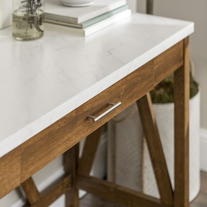Walker Edison Rustic Farmhouse Wood Computer Writing Desk Home Office Workstation Small, 46 Inch, Marble and Walnut
