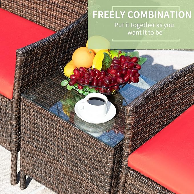 Greesum 3 Pieces Patio Furniture Sets Outdoor PE Rattan Wicker Chairs with Soft Cushion and Glass Coffee Table for Garden Backyard Porch Poolside, Brown and Red
