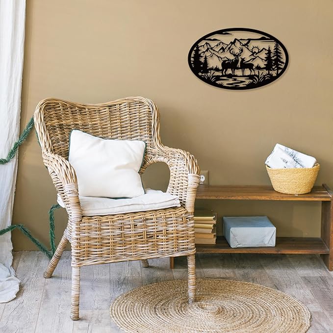 Rustic Metal Deer Cabin Sign, Christmas Gift for Living Room,Welcome Sign, Deer Outdoor Metal Wall Art, Great Gift for Hunters, Cabin Deco