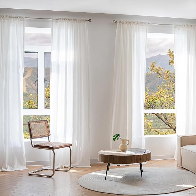 MYSKY HOME White Linen Curtains for Living Room, 100% Linen Natural Semi Sheer Curtains & Drapes 84 inches Length 2 Panels Farmhouse Country Light Filtering Bedroom Window Rod Pocket, 50" Wide, White
