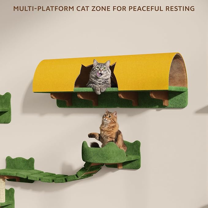26-in-1 Cat Wall Shelves with Cat Tree, 40''L Tunnel, Moon, Green | Wall Mounted Cats Furniture Set with Plush Fabric, Cat Climbing Systems for 16 Inch Drywall, with Scratching Posts, Bridge