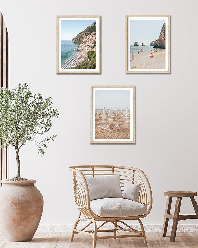 HesenDot Natural OAK Wood Framed Amalfi Coast Summer Wall Art,12x16in Italy Arienzo Beach Canvas Wall Print,Positano Swimming Poster Wall Decor for Living Room,Bedroom,Office Gallery Set of 1