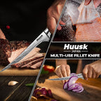Huusk Fillet Knife for Meat with Wood Handle, Flexible Filet Knife for Fish | 7 Inch Japanese Stainless Steel Boning Knife for Chicken & Meat Processing, Comfortable Grip Handle, Gifts for Men