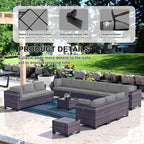 Kullavik 14PCS Outdoor Patio Furniture Set PE Wicker Rattan Sectional Sofa Patio Conversation Sets,Grey