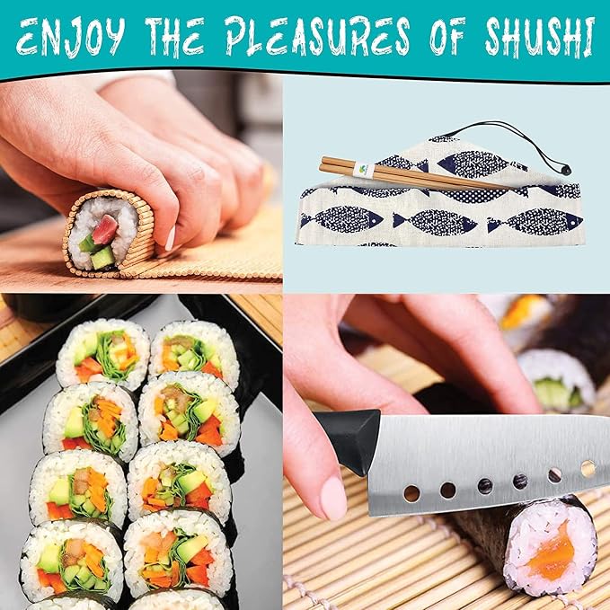 Sushi Making Kit For Beginners - 22 Piece DIY Sushi Roller Kit with Bamboo Sushi Rolling Mat, Sushi Bazooka, Chef's Knife, Chopsticks, Holder - Best Starter Sushi Kit (Pink)