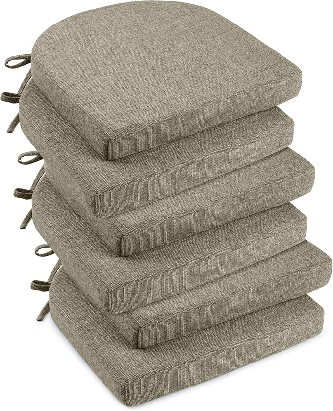 downluxe Indoor Chair Cushions for Dining Chairs, Soft and Comfortable Textured Foam Kitchen Chair Pads with Ties and Non-Slip Backing, 16" x 16" x 2", Khaki, 6 Pack