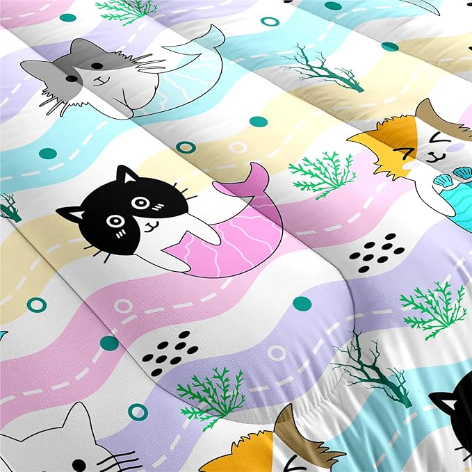 Cat Twin Bedding Set 2Pcs - Cartoon Mermaid Tail Cat Twin Comforter Set for Girls Bedroom Ultra Soft Warm Kitty Comforter Set for Girls Room Decor with 1 Cat Comforter and 1 Pillowcase, Twin Size