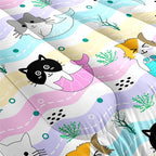 Cartoon Cat Comforter Set for Girls - Full Size Girls Cat Bedding Set for Bedroom Ultra Soft Warm Cute Mermaid Tail Cat Patterns Comforter Set for All-Season, 1 Comforter with 2 Pillowcases