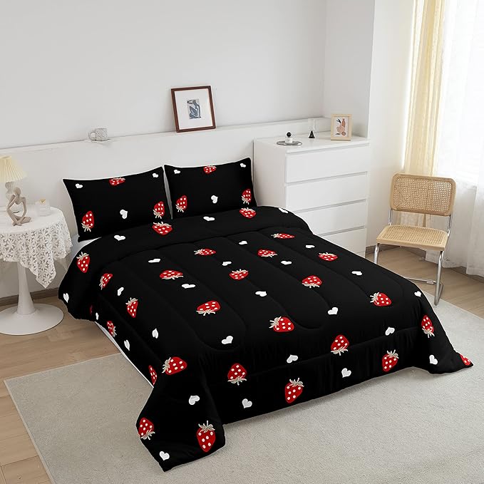Kawaii Bedding Strawberry Comforter Set Twin Size Strawberry Decor Down Comforter Red Strawberry Bedding Set Cute Fruits Theme Sweet Strawberry Quilt Set Soft Reversible With 1 Pillowcase, Red Black