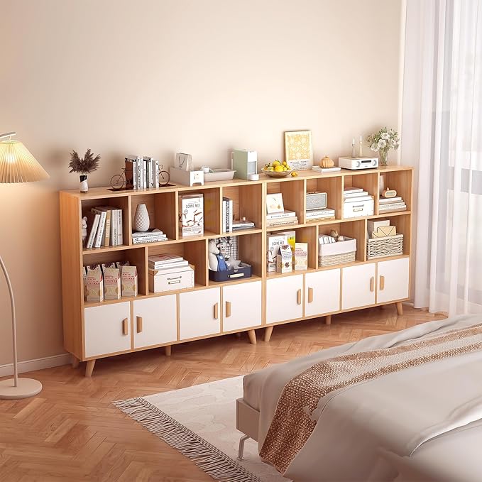 Cubby Shelf Bookcase with Doors - Wooden 11 Cube Floor Standing Open Bookshelf with Solid Wood Legs, 3-Tier Storage Cabinet, Oak and Warm White