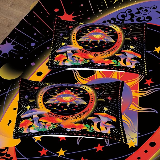 Tailor Shop Sun and Moon Bedding for Boys Girls Kids Teens,Celestial Bedding King Size,Mushroom Comforter Gothic Comforter Witchy Comforter Boho Exotic Black Bed with 2 Pillowcases