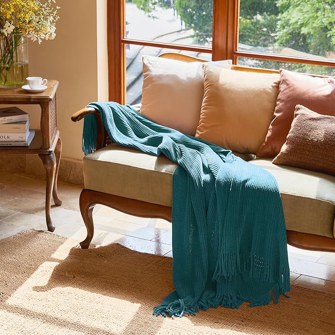 lifein Throw Blanket for Couch, Soft Boho Decor Bed Throw,Cozy Teal Knitted Chenille Small Farmhouse Lightweight Throw for Spring(Teal,50 * 60")