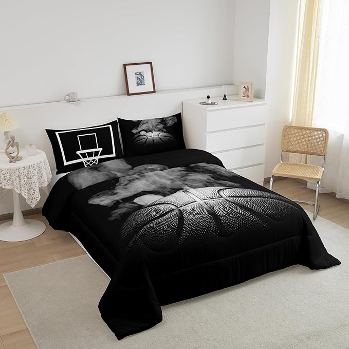 Sports Basketball Full Size Comforter Sets For Boys Teen Kids Basketball Quilt Bedding Set Grey Hippie Smoke Comforter Reversible Black Duvet Insert,1 Comforter + 2 Pillow Case Basketball Room Decor