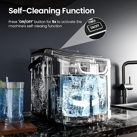 Antarctic Star Countertop Ice Maker Machine with Handle, 8 Cubes Ready in 6 Mins, 26.5lbs/24Hrs, Self-Cleaning Portable Ice Maker/Basket and Scoop for Home/Kitchen/Camping/RV (Black/Grey)