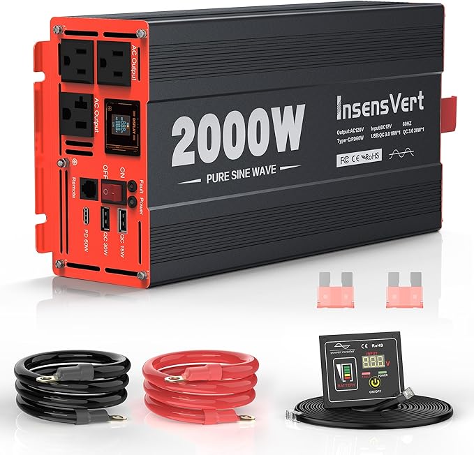 2000W Pure Sine Wave Inverter, Car Power Inverter 12V to 120V AC Converter for RV, Truck, Solar, Outdoor with Dual AC and 20A Socket, 18W+30W USB, PD60W, Surge 4000W, Remote Control(2000W-12V)