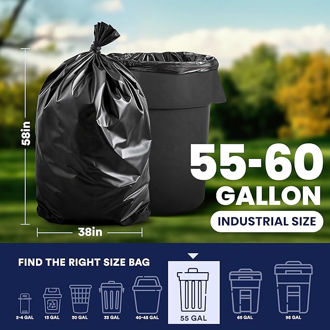 Plasticplace 55-60 Gallon Trash Bags, 1.2 Mil Heavy Duty Contractor Garbage Bags, Black Tear-Resistant Bags for Construction, Yard Waste, Industrial Use, Large 38” x 58” (100 Count)