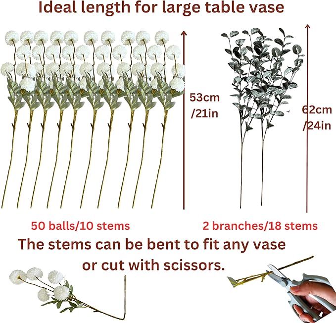 White Faux Flowers for Vase - Kiku 10 Stems & Eucalyptus, Fake Flowers Stems for Pottery Vase, Realistic Artificial Flowers, Pom Pom Balls for Aesthetic Room Decor, Floral Arrangements Centerpiece