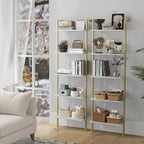 5-Tier Bookshelf Solid Wood Ladder Shelf, Narrow Book shelf Set of 2, Wooden Ladder Shelf Bookcase, Wall Mount Ladder Shelf, Storage Rack for Living Room, Bedroom, Bathroom, White and Gold