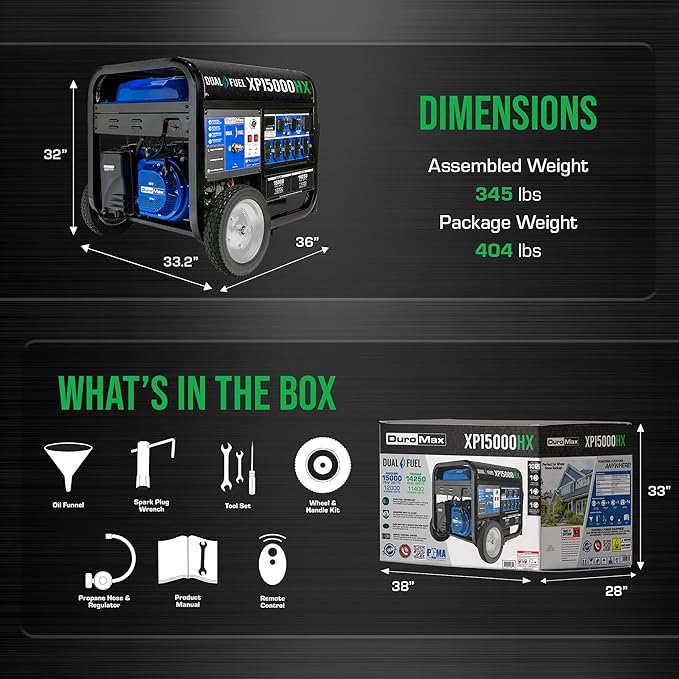DuroMax XP15000HX 15,000-Watt Dual Fuel Portable Generator - Gas & Propane, Remote Electric Start, Whole Home Power Backup, Transfer Switch Ready, RV & Emergency Ready