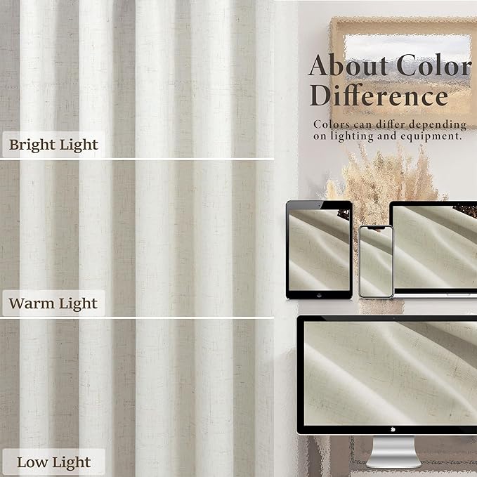 Total Blackout Linen Curtains 108 Inch Length 2 Panels Set for Bedroom Heat Cold Light Blocking Noise Reduction Cotton Linen Drape 9ft Long Floor to Ceiling Patio Sliding Door Curtain Cream White Back