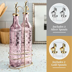 COOK WITH COLOR Glass Olive Oil Bottle Dispenser - 2 Pack- 17oz Oil and Vinegar Cruet - Olive Oil Carafe Decanter for Kitchen, Checkered, Pink