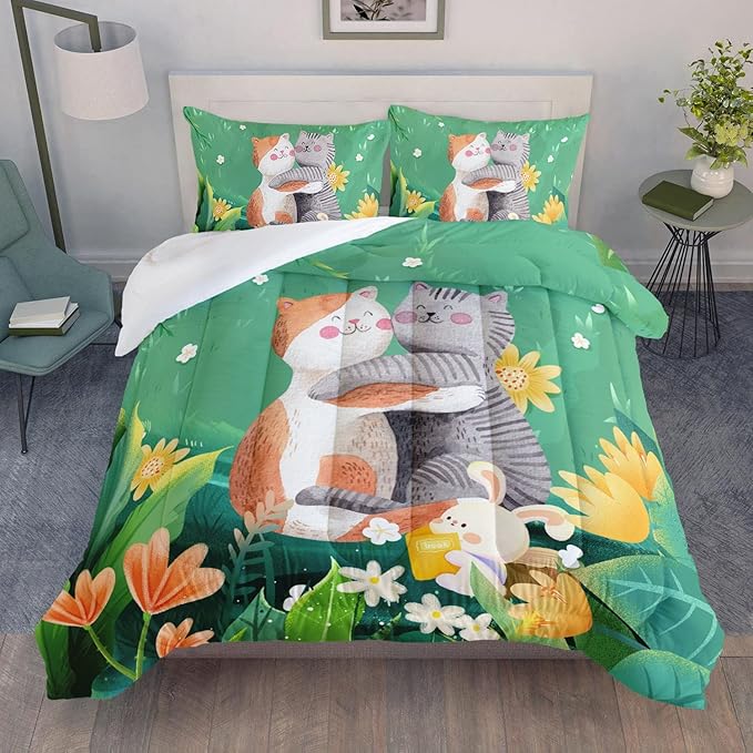 Datura home Cute Cat Kids Comforter Bedding Set for Boys Girls, Watercolor Cat Forest Rabbit and Flower Print Comforter with 2 Pillowcases(Cute Cat Full)