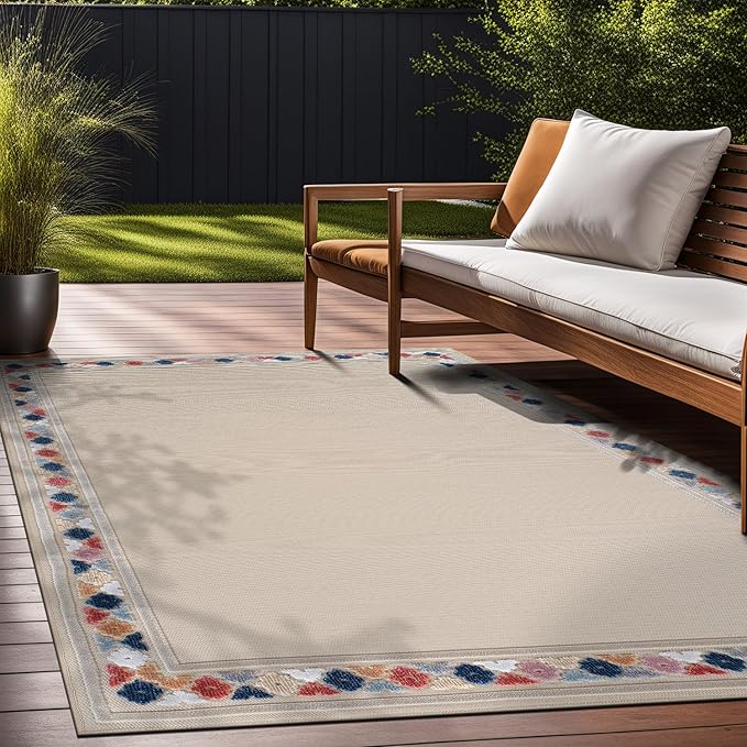 Beverly Rug Outdoor Rug 8x10 Modern Bordered Area Rugs for Indoor and Outdoor Patio Easy to Clean Non Shedding Living Room Porch Garden Washable Outside Carpet (8 x 10 Beige)