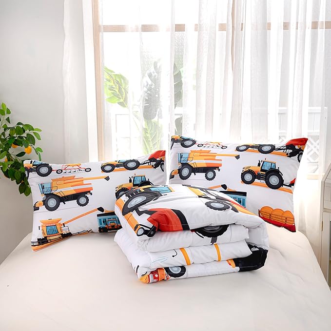 CVHOUSE Tractor Bedding Sets for Boys,Excavators Comforter King,Boys Cartoon Truck Comforter Set,Trucks Tractors Cars Quilt Set with 1 Comforter and 2 Pillow Cases- 3 Piece