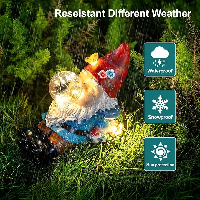 Gnome Solar Garden Statue with LED Light - Waterproof Outdoor Decoration for Terrace, Courtyard & Lawn for Moms & Women