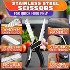 7-in-1 Cutting Board Scissors for Food with Ribbed Blades & Chopping Board | Heavy Duty Vegetable Scissors Food Cutter, Spring Assist, Safety Lock, Dishwasher Safe, Suitable for Meat & Vegetables
